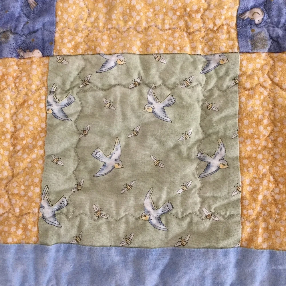 Handmade Patchwork Quilt 35x30 In Yellow Blue Baby Blanket Birds Cotton